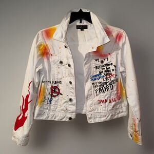 Touch Me Painted Graffiti Flame White Denim Jacket Punk Grunge Streetwear M